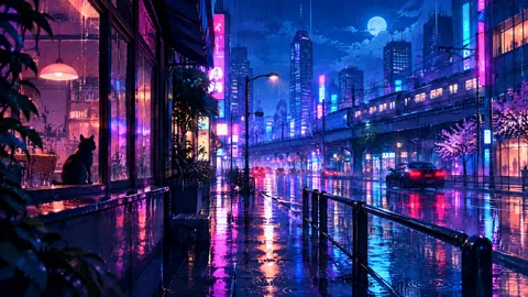 Rainy Cyberpunk Street Cat
