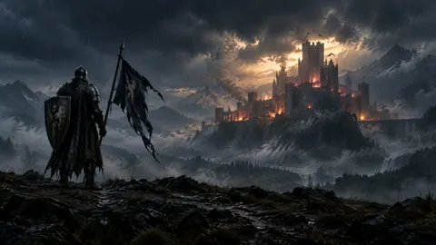 Armored Knight Facing Firelit Fortress
