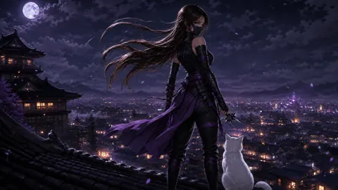 Female Ninja With White Cat