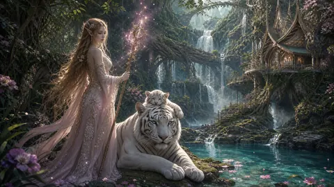 Elven Druid With White Tigers