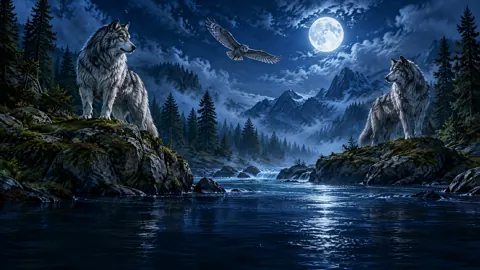 Wolves by Moonlit River