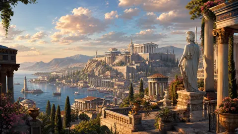 Ancient Greek Harbor With Athena