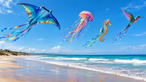 Colorful Kites Over Turquoise Waves