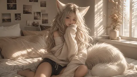 Fox Girl on Sunlit Bed