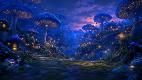 Fantasy Village Under Blue Mushrooms