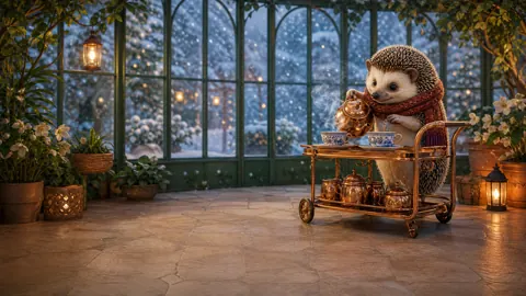 Hedgehog Serving Tea in Snowy Conservatory
