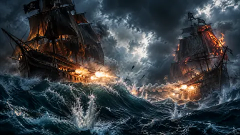 Pirate Ships in Storm Waves