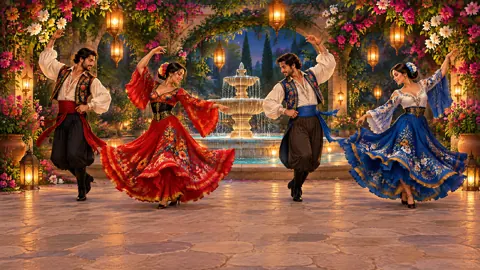 Dancers Around Glowing Fountain