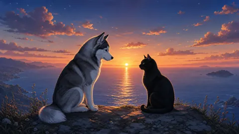 Husky and Cat at Sunset