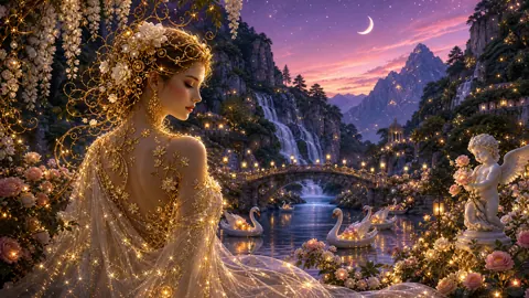 Fantasy Woman with Swan Boats