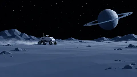 Lunar Rover Below Ringed Planet