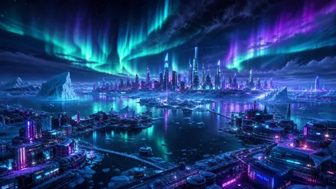 Cyberpunk Arctic City Aurora