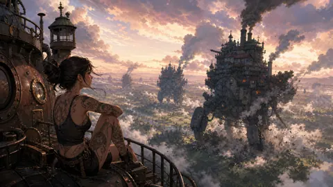 Tattooed Woman on Mechanical Tower