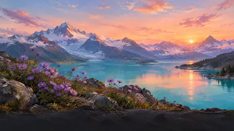 Purple Asters Above Glacial Lake