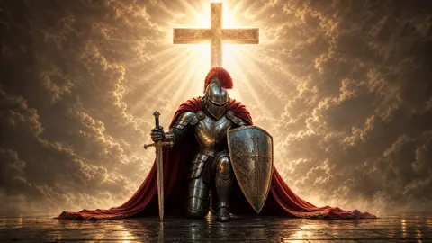 Kneeling Knight Before the Cross