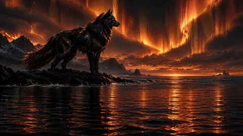 Obsidian Wolf Under Aurora