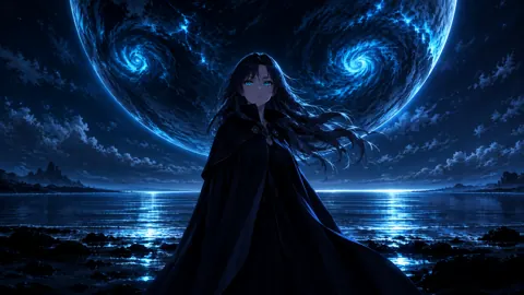 Anime Woman Beneath Storm Planet