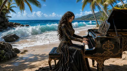 Woman Playing Piano on Beach