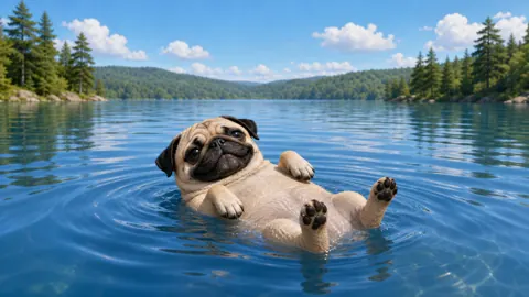 Pug Floating in Clear Lake