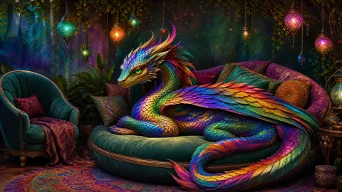 Rainbow Dragon on Teal Couch