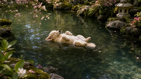 Dog Floating in Japanese Pond