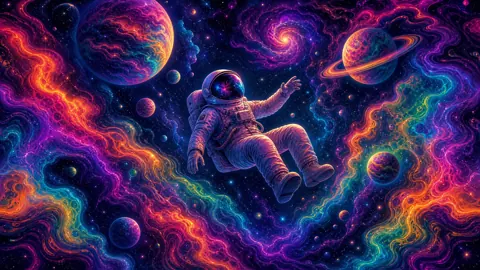 Astronaut Among Neon Planets