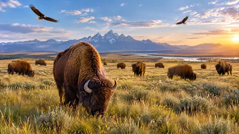 Bison Grazing by Winding River