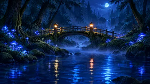 Moonlit Bridge and Blue Mushrooms