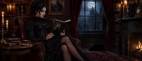 Gothic Woman Reading Vampire Book