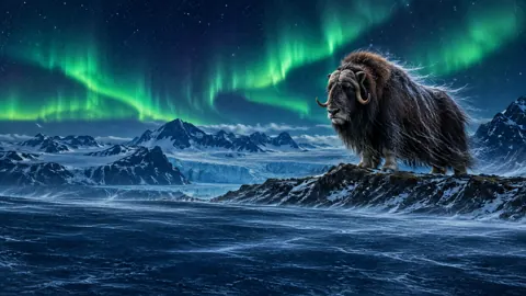 Musk Ox Under Aurora