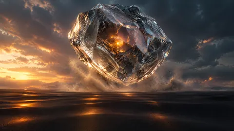 Glowing Glass Asteroid Over Black Sand