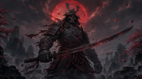 Skull-Faced Samurai Golem Under Red Moon