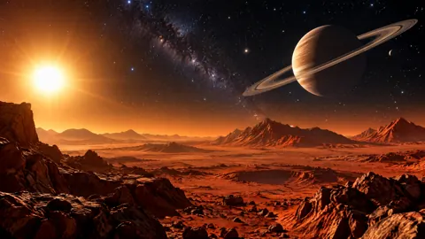 Ringed Planet Over Red Desert