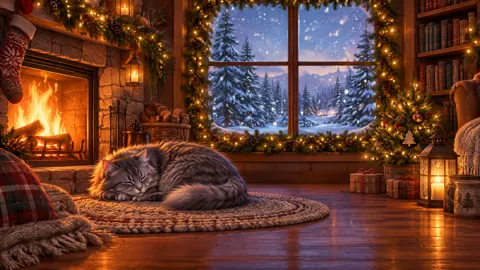 Sleeping Gray Cat by Fireplace