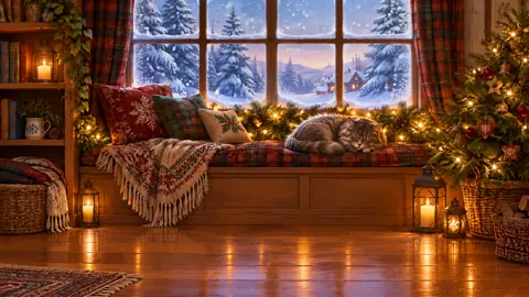 Gray Cat on Tartan Window Seat