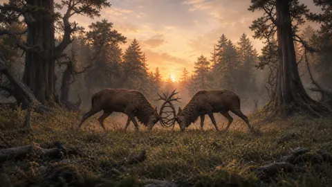 Deer Locking Antlers at Sunrise