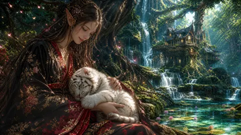 Elven Maiden With Tiger Cub