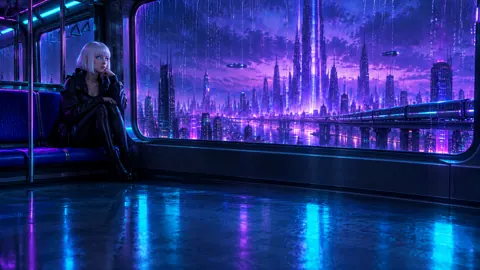 White-Haired Woman on Neon Train
