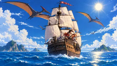 Anime Pirate Ship With Pterosaurs