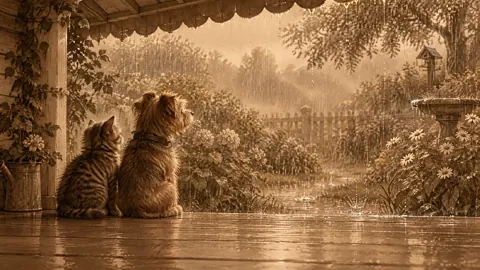 Tabby Kitten and Terrier in Rain