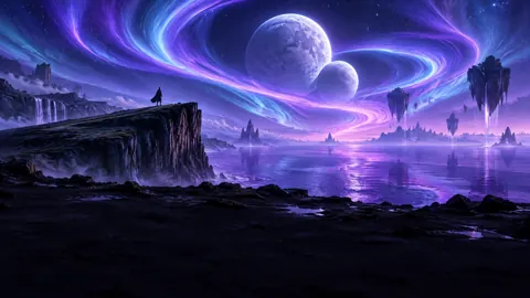 Cloaked Figure Above Violet Sea