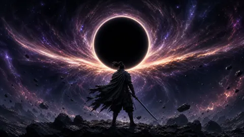 Cloaked Warrior Before Black Hole