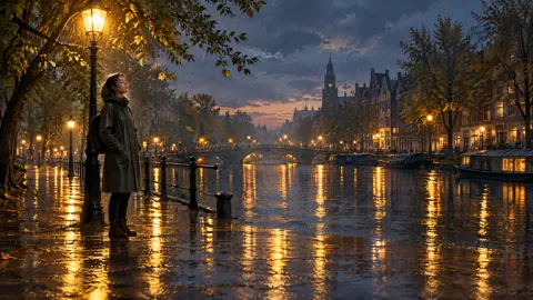Traveler by Rainy Canal