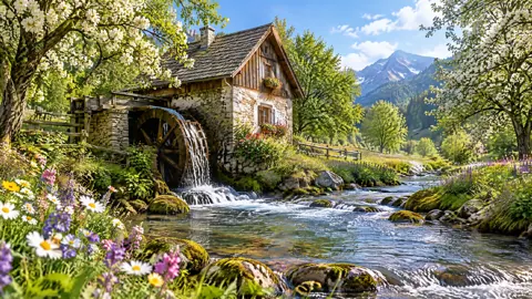 Rustic Watermill by Mountain Stream