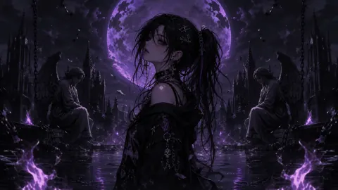 Gothic Woman Before Purple Moon