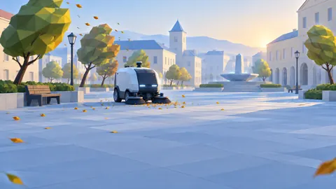 Street Sweeper in Autumn Plaza