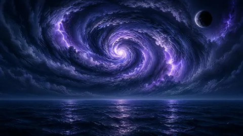 Violet Lightning Over Midnight Ocean