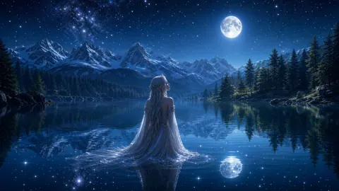 Elven Woman in Moonlit Lake
