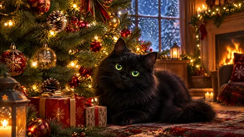 Black Cat by Christmas Tree