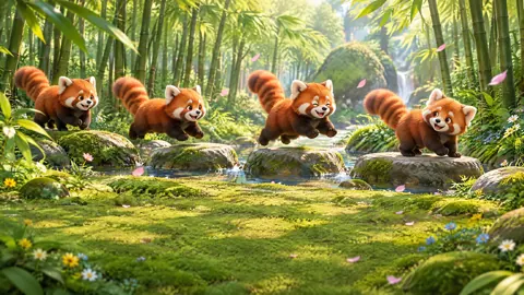 Red Pandas by Waterfall